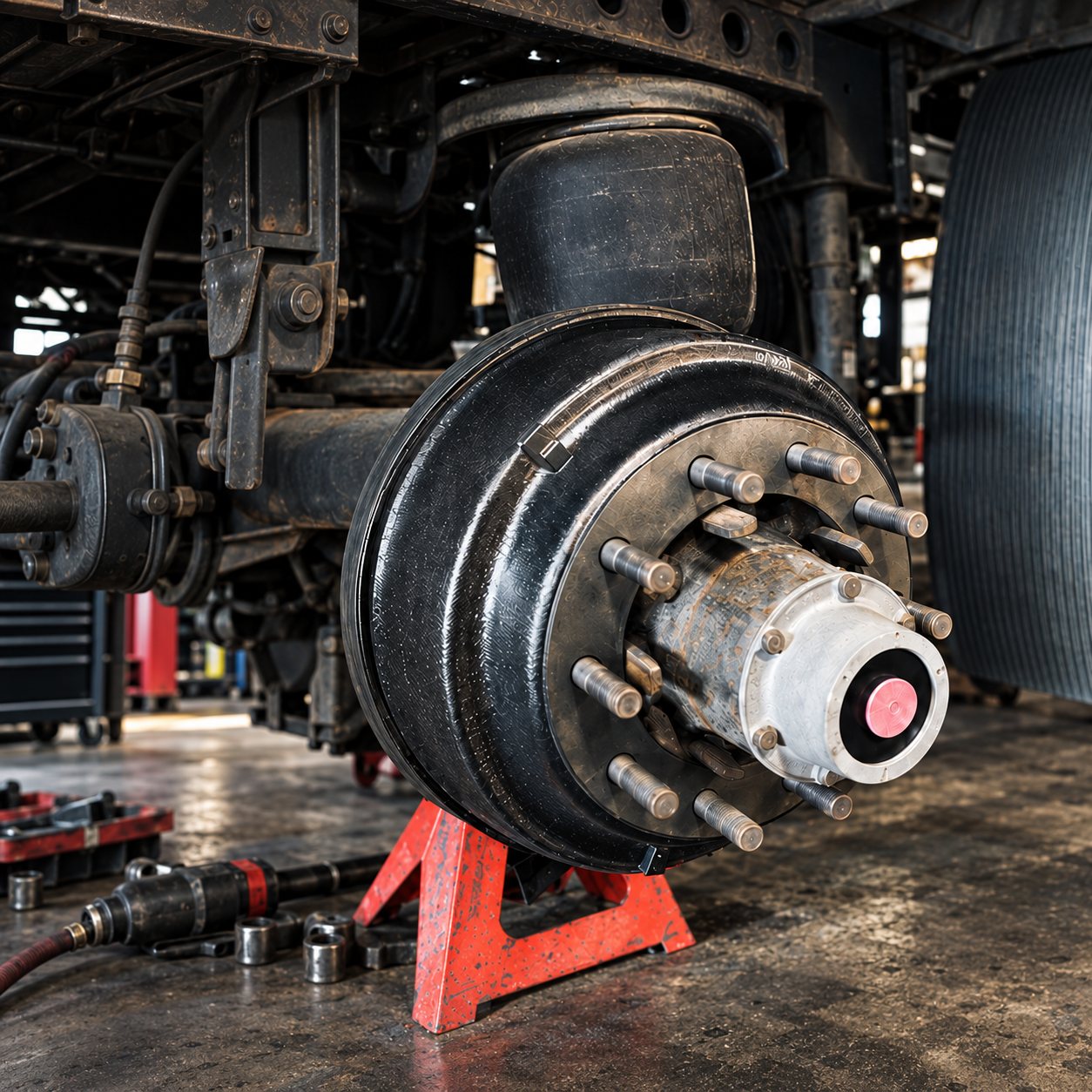 Semi-truck brake drum and wheel hub ready for service
