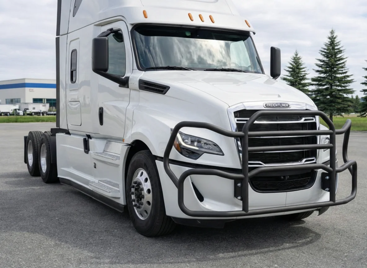 Front-end guard on a white Freightliner Cascadia truck